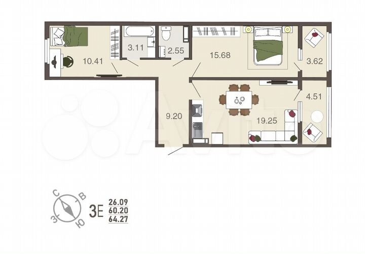 2-к. квартира, 64 м², 3/10 эт.