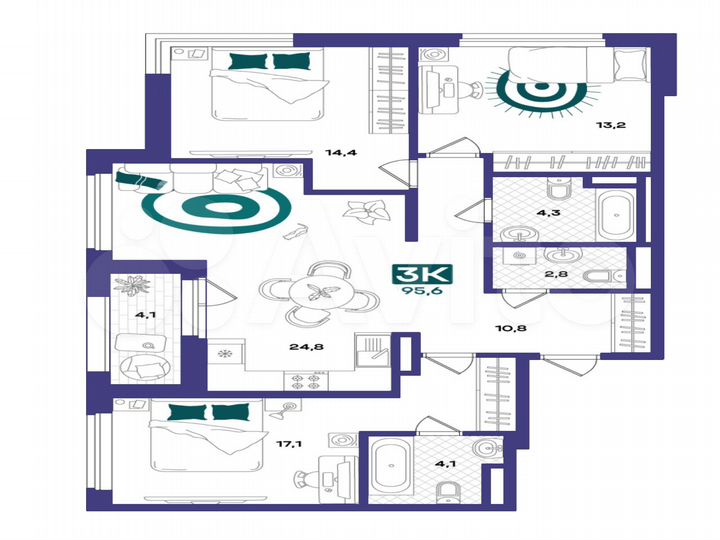 3-к. квартира, 95,6 м², 2/23 эт.