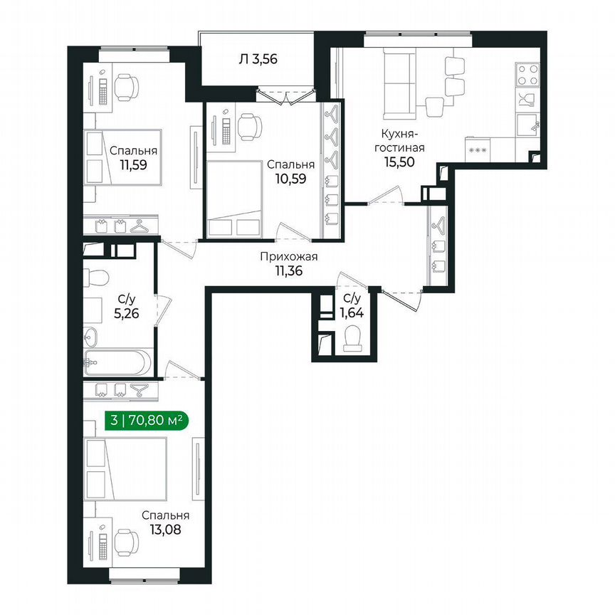 2-к. квартира, 70,8 м², 2/8 эт.