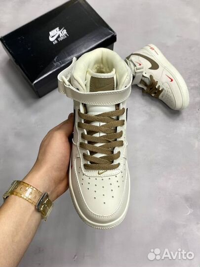 Зимние Nike Air Force 1 mid White/Brown (с мехом)