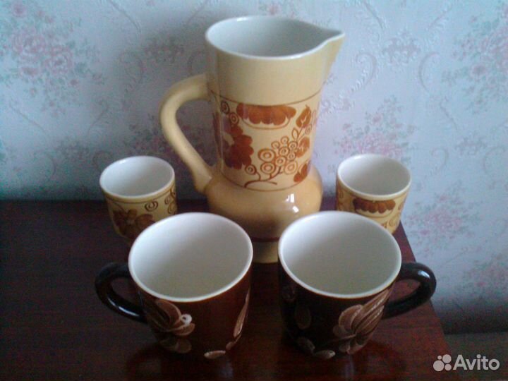 Кувшин и Кружки, Глиняные, Узорная Роспись, СССР