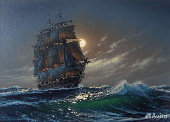Картина шикарная Лунная ночь Парусник море