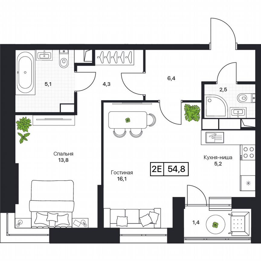 2-к. квартира, 54,8 м², 4/17 эт.