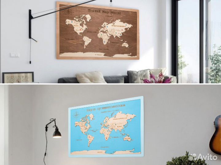 Деревянная карта мира в прямоугольной рамке