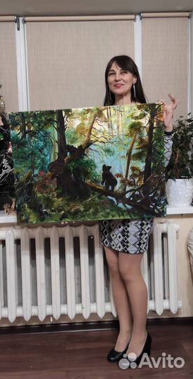 Картина маслом, лес, сосны, река, поляна, мишки, б