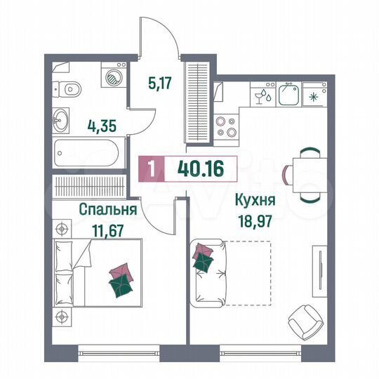 1-к. квартира, 40,2 м², 1/16 эт.