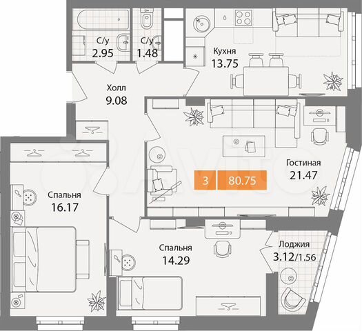 3-к. квартира, 80,7 м², 13/14 эт.