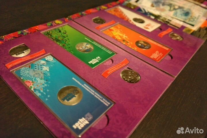 Альбом Сочи. 4 цветных, 4 монеты, купюра 100