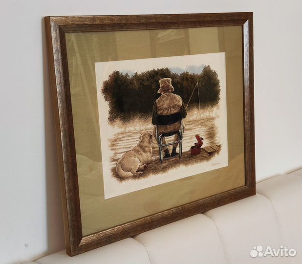 Картина вышитая (ручная работа) Рыбак с собакой