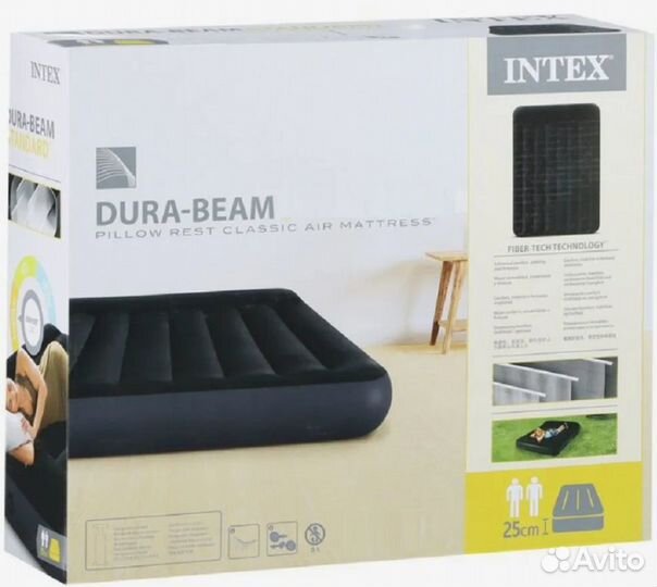 Надувной матрас с подголовником 152х203х25см,Intex