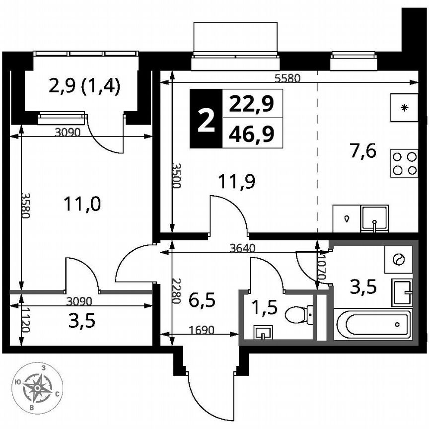1-к. квартира, 46,9 м², 6/18 эт.