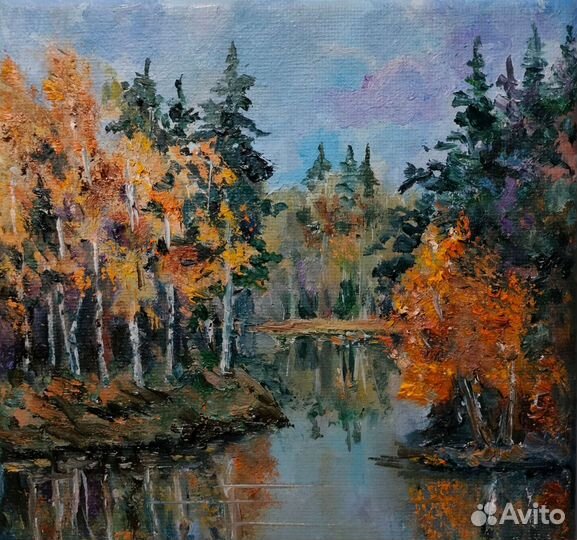 Квадратная картина в раме пейзаж лес. Масло