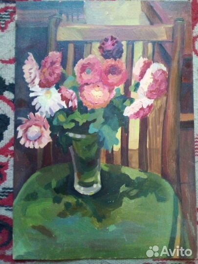 Астры на зеленом стуле.Картон, масло