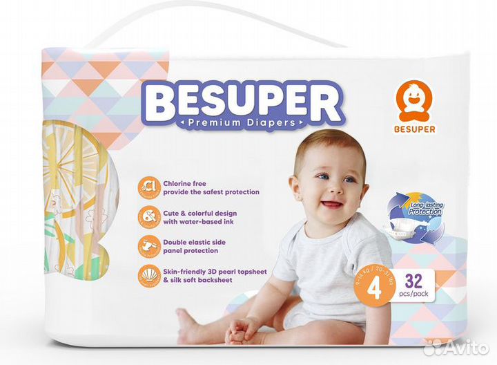 Besuper Premium Diapers-подгузники, размер L/4