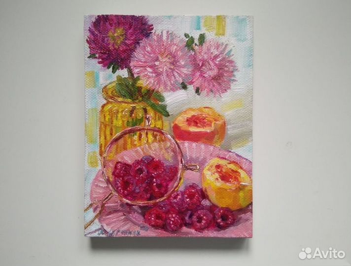 Картина маслом с цветами и фруктами натюрморт