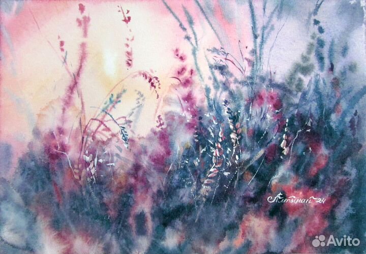 Картина акварелью. Полевые травы. Полевые цветы на