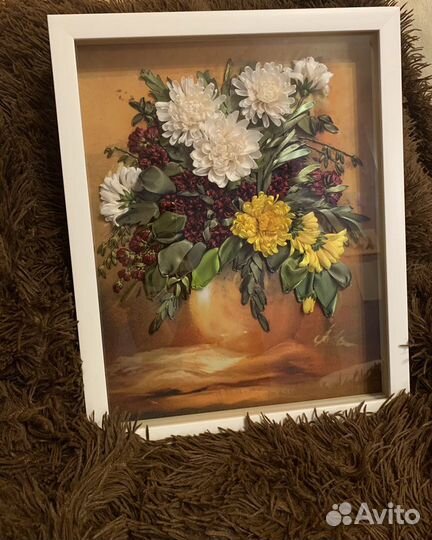 Картина ручной работы, цветы, вышивка лентами