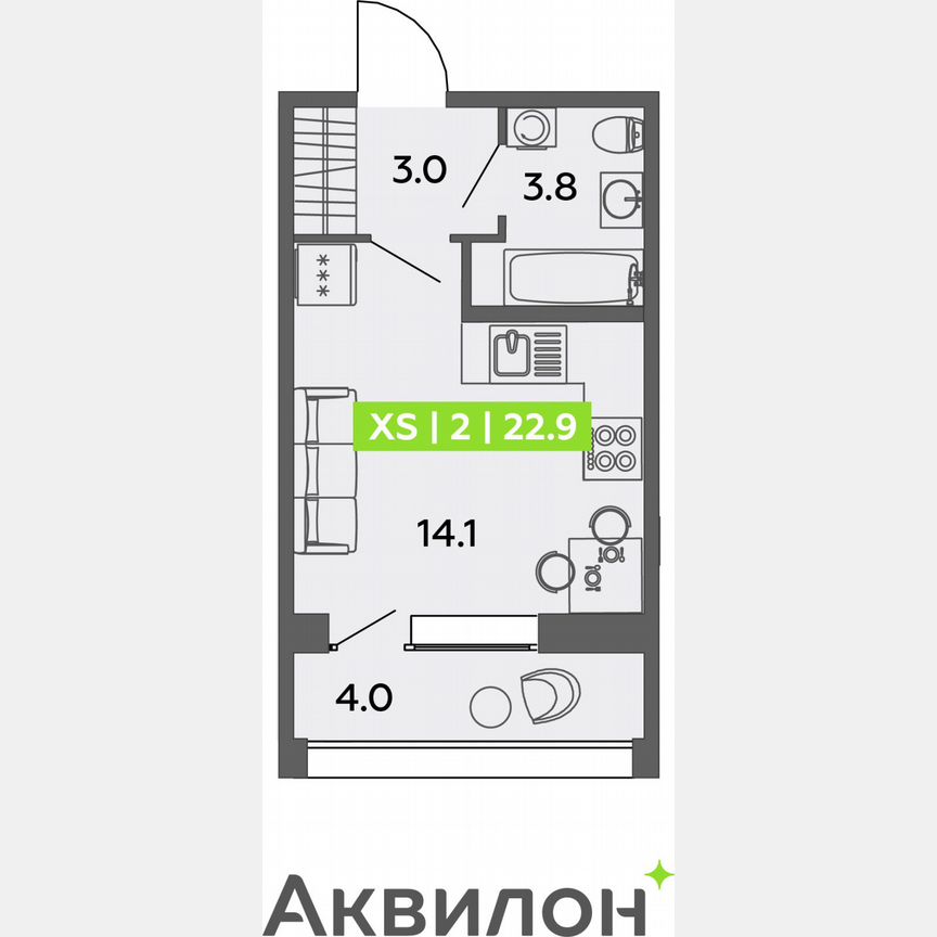 Квартира-студия, 22,9 м², 1/13 эт.