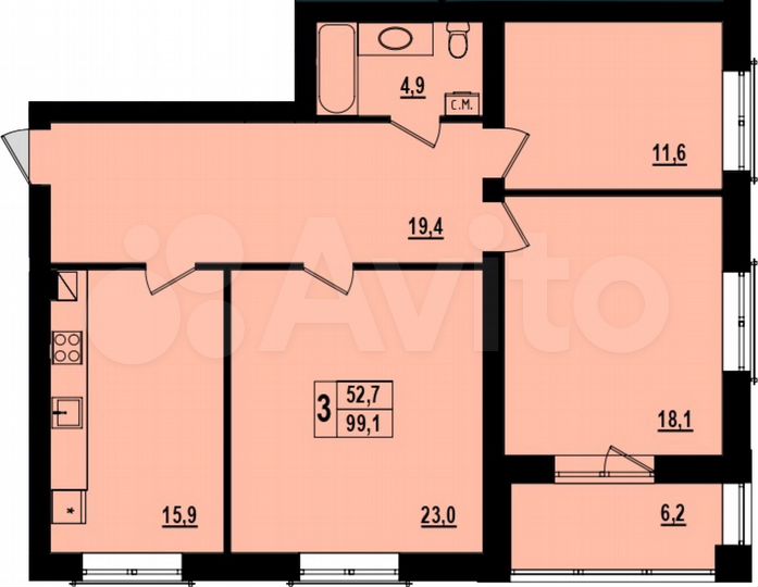 3-к. квартира, 99,1 м², 3/4 эт.