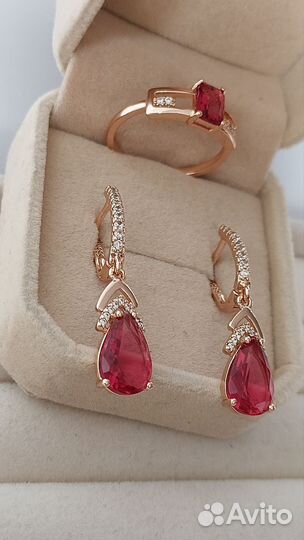 Золотые серьги циркон рубин новые проба 585 RG