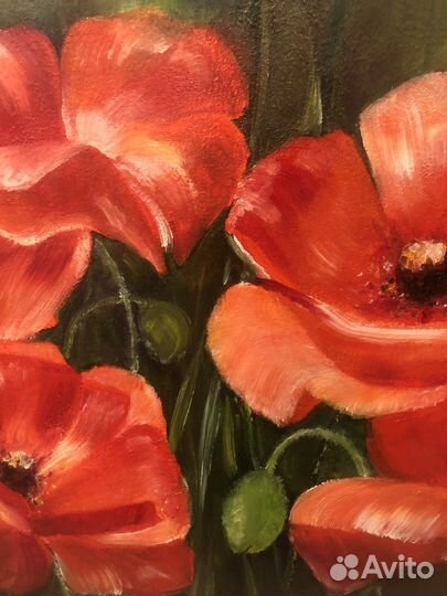 Картина маслом, красные маки, мдф 30х40