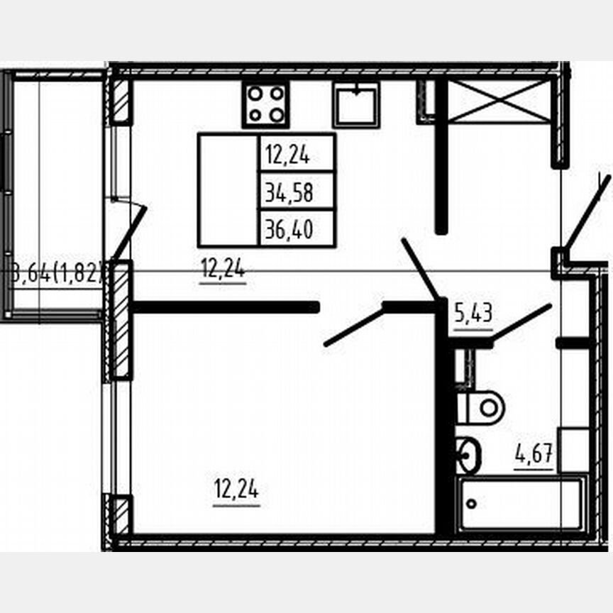 1-к. квартира, 34,6 м², 1/4 эт.