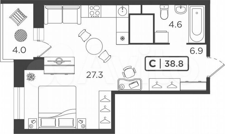 Квартира-студия, 38,8 м², 7/24 эт.