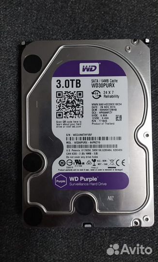 Жесткий диск wd 3 tb purple,5400об/мин, кэш 64 Мб