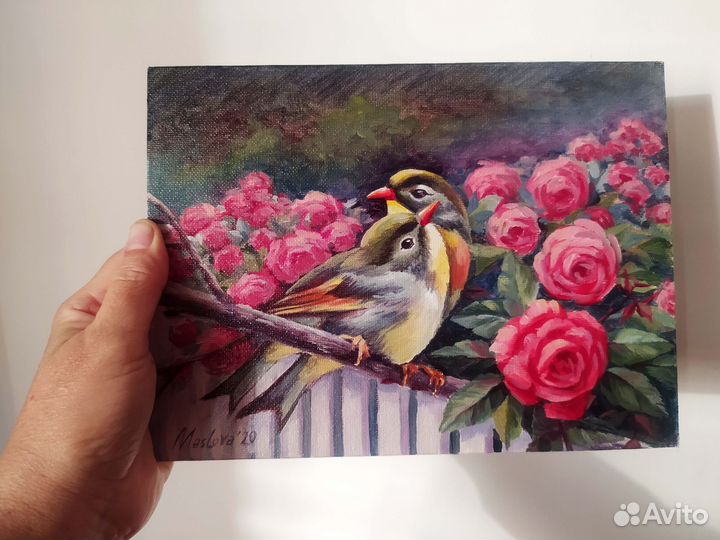 Картина маслом Соловьи и розы 18х24см