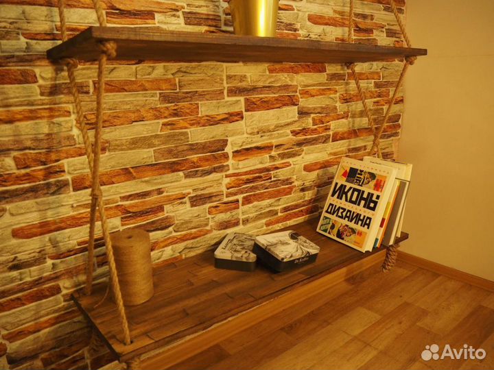 Полка деревянная, на джутовом канате