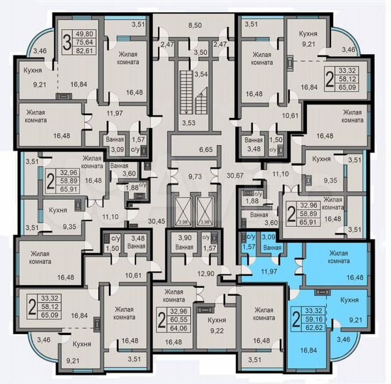 2-к. квартира, 62,6 м², 13/19 эт.