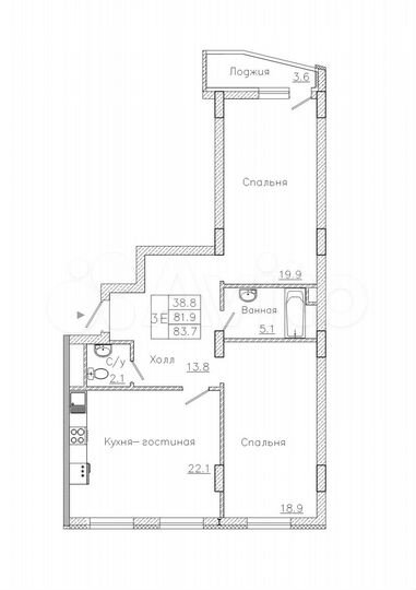 2-к. квартира, 83,7 м², 3/18 эт.