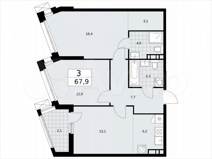 3-к. квартира, 67,9 м², 16/21 эт.