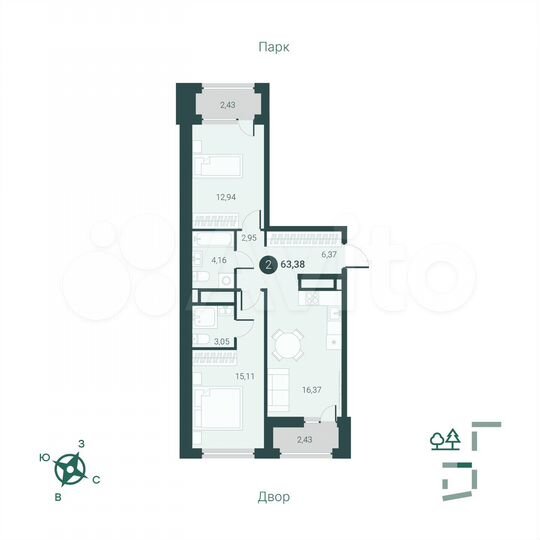 2-к. квартира, 63,4 м², 11/14 эт.