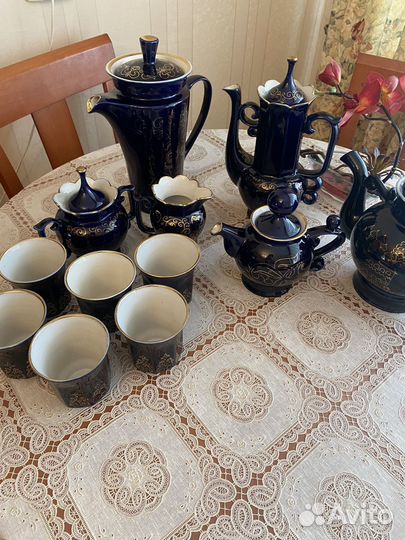 Чайный сервиз синий кобальт с позолотой