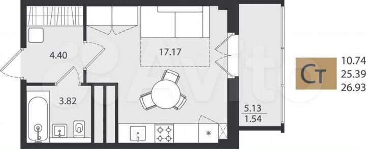 Квартира-студия, 26,9 м², 7/16 эт.