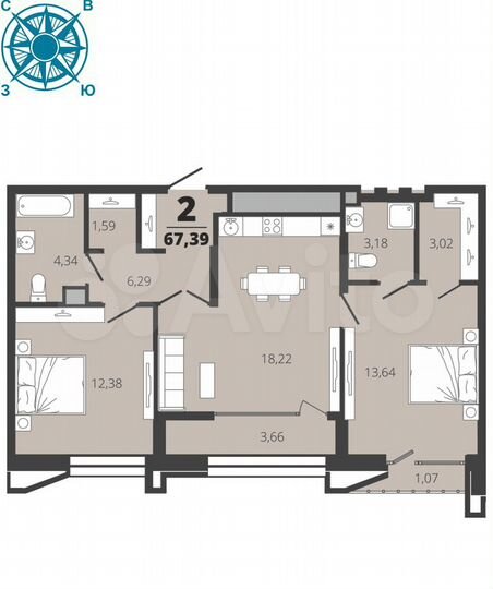 2-к. квартира, 67,4 м², 8/19 эт.