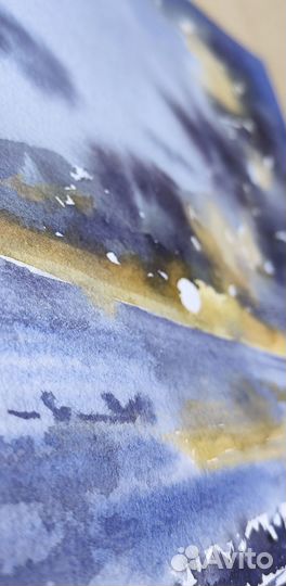 Картина акварелью. Берег моря на закате