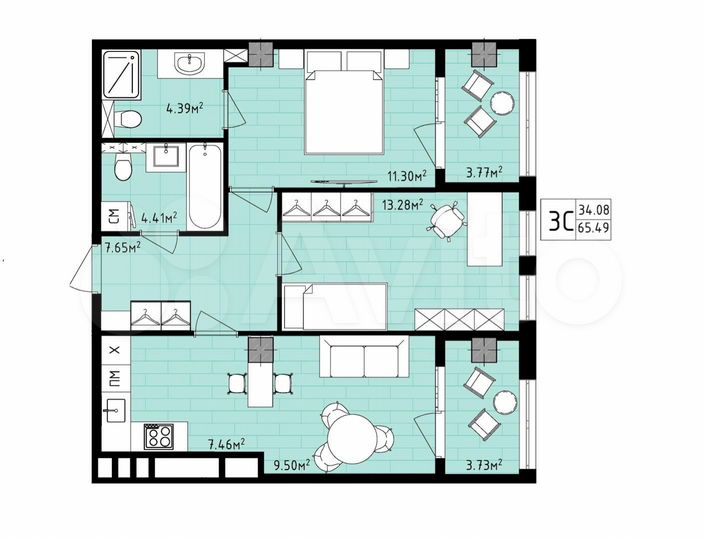 3-к. квартира, 65,5 м², 12/16 эт.