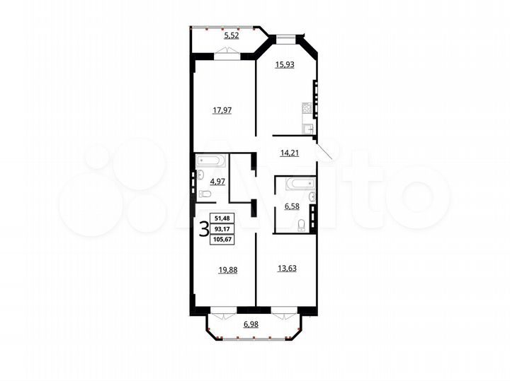 3-к. квартира, 105 м², 2/7 эт.