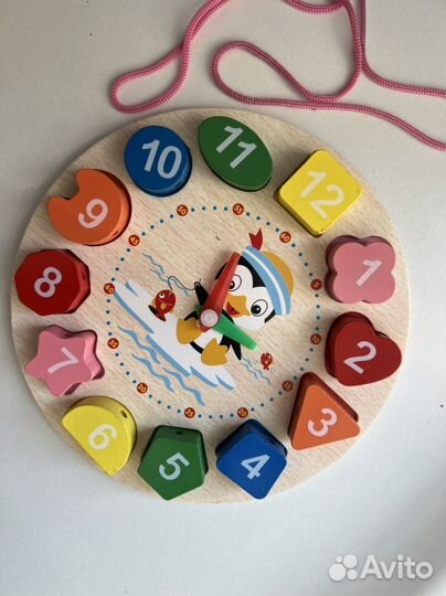 Сортер деревянный 4в1, Часики - шнуровка