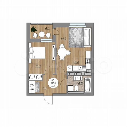 2-к. квартира, 49,2 м², 15/22 эт.