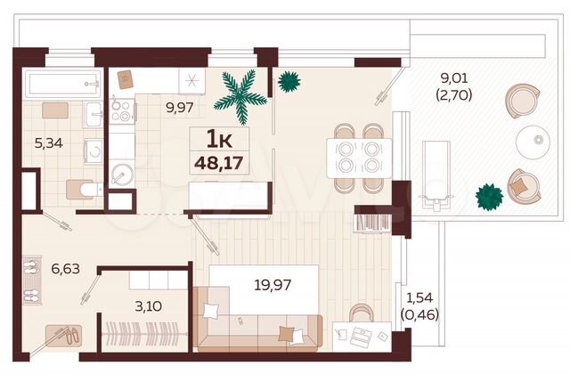 1-к. квартира, 48,7 м², 2/9 эт.