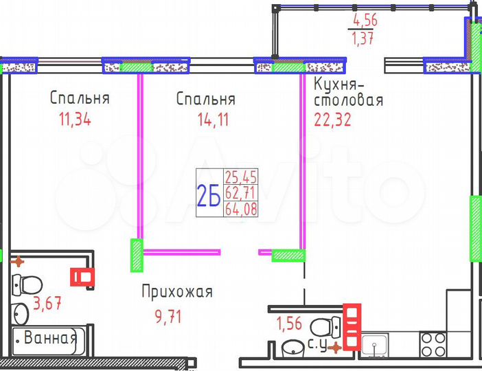 2-к. квартира, 64,1 м², 4/9 эт.