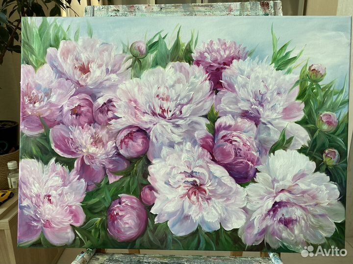 Картина маслом на холсте. Куст пионов