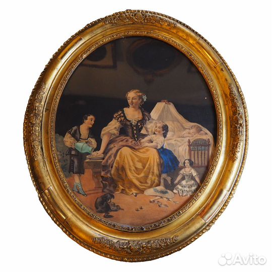 Пара антикварных эстампов “Мать и дети” в овальных рамах