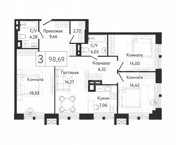 3-к. квартира, 98,6 м², 3/23 эт.