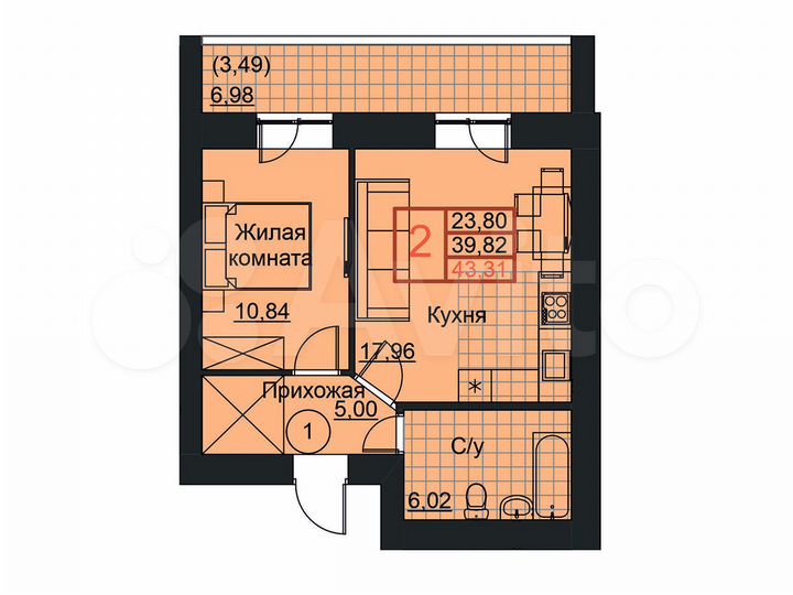 1-к. квартира, 43,3 м², 2/19 эт.