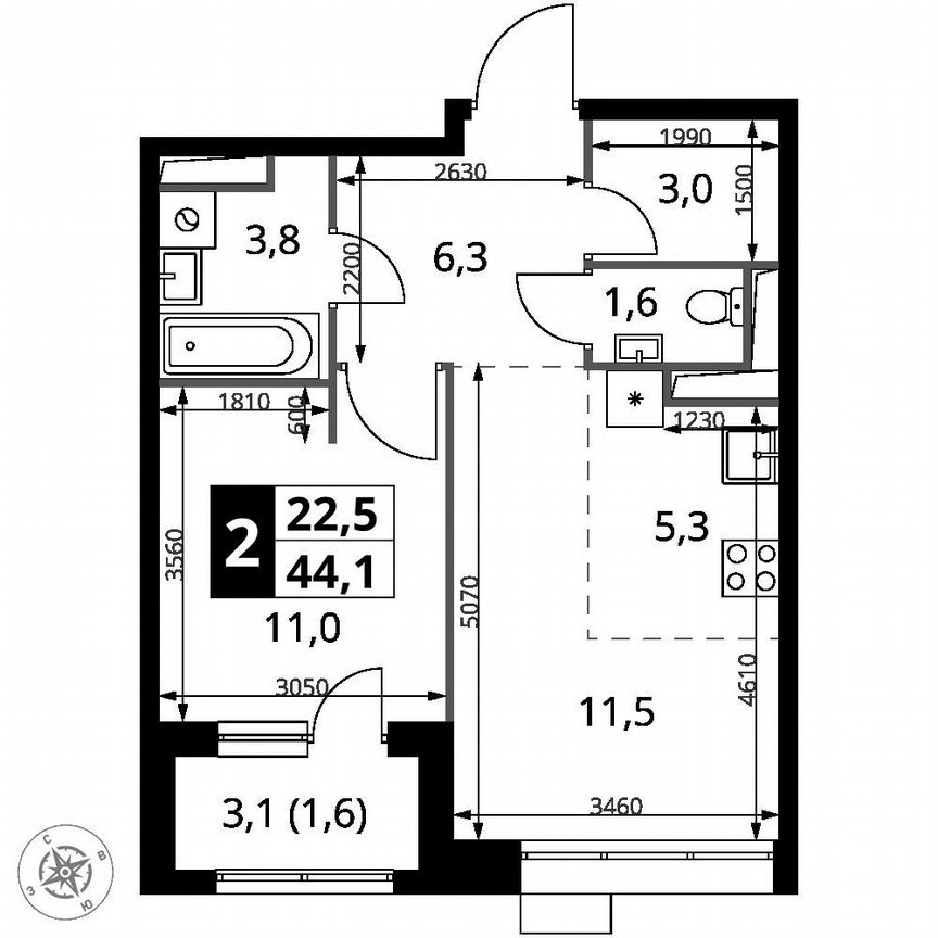 1-к. квартира, 44,1 м², 21/21 эт.