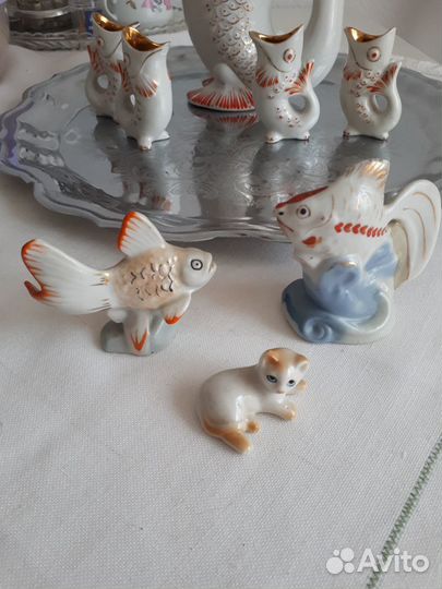 Винтажные статуэтки -рыбки,кошка